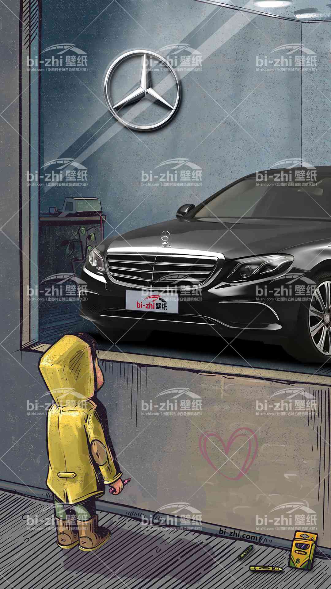 奔驰E级橱窗男孩看车男孩汽车壁纸