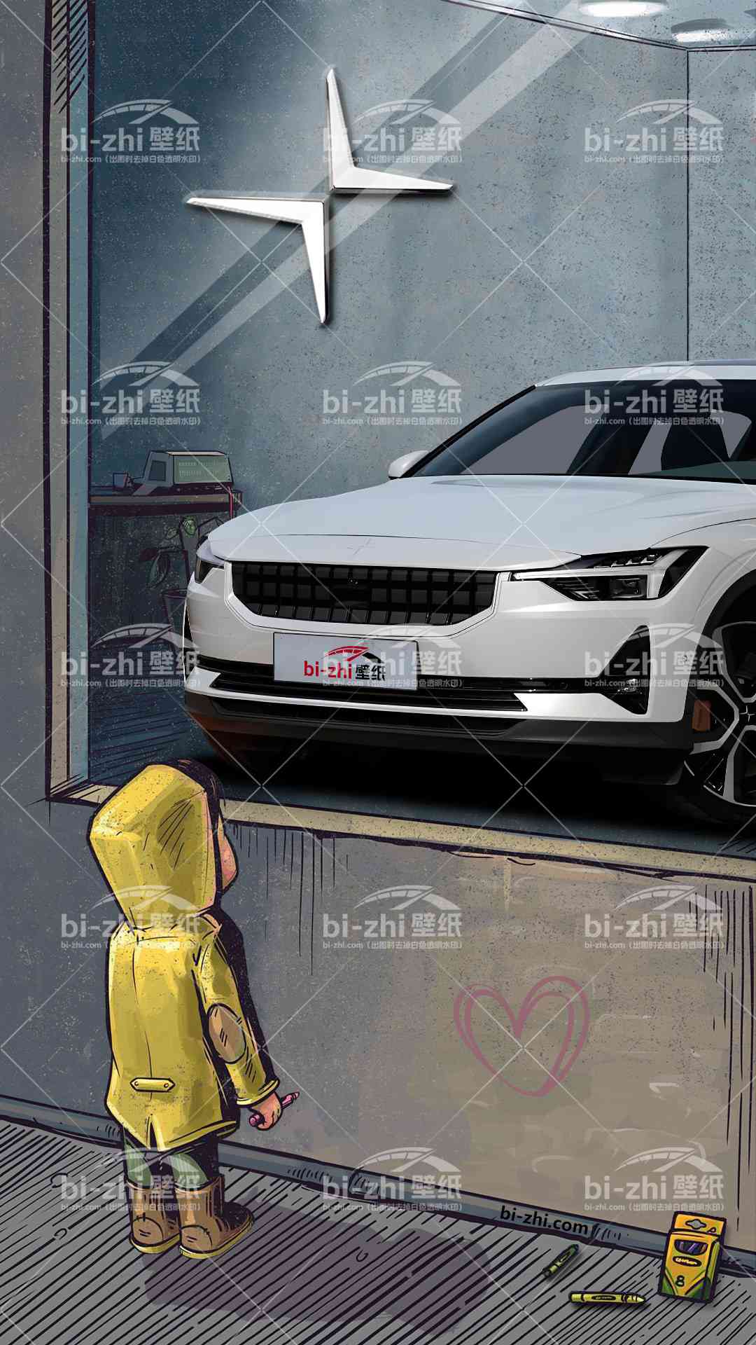 极星Polestar2橱窗男孩看车男孩汽车壁纸