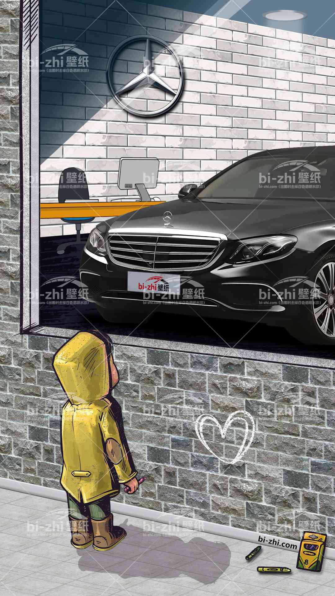 奔驰E级橱窗男孩看车男孩汽车壁纸