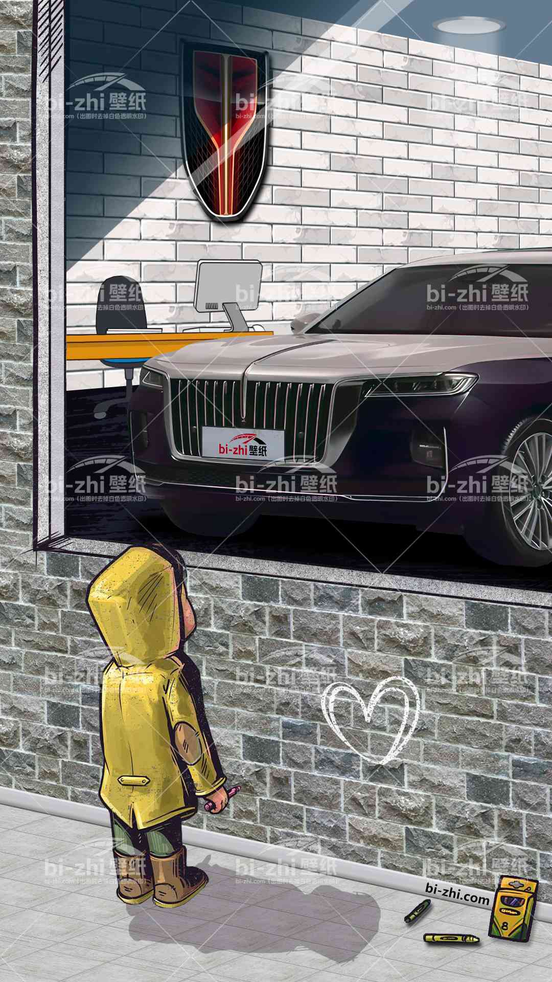 红旗H9橱窗男孩看车男孩汽车壁纸