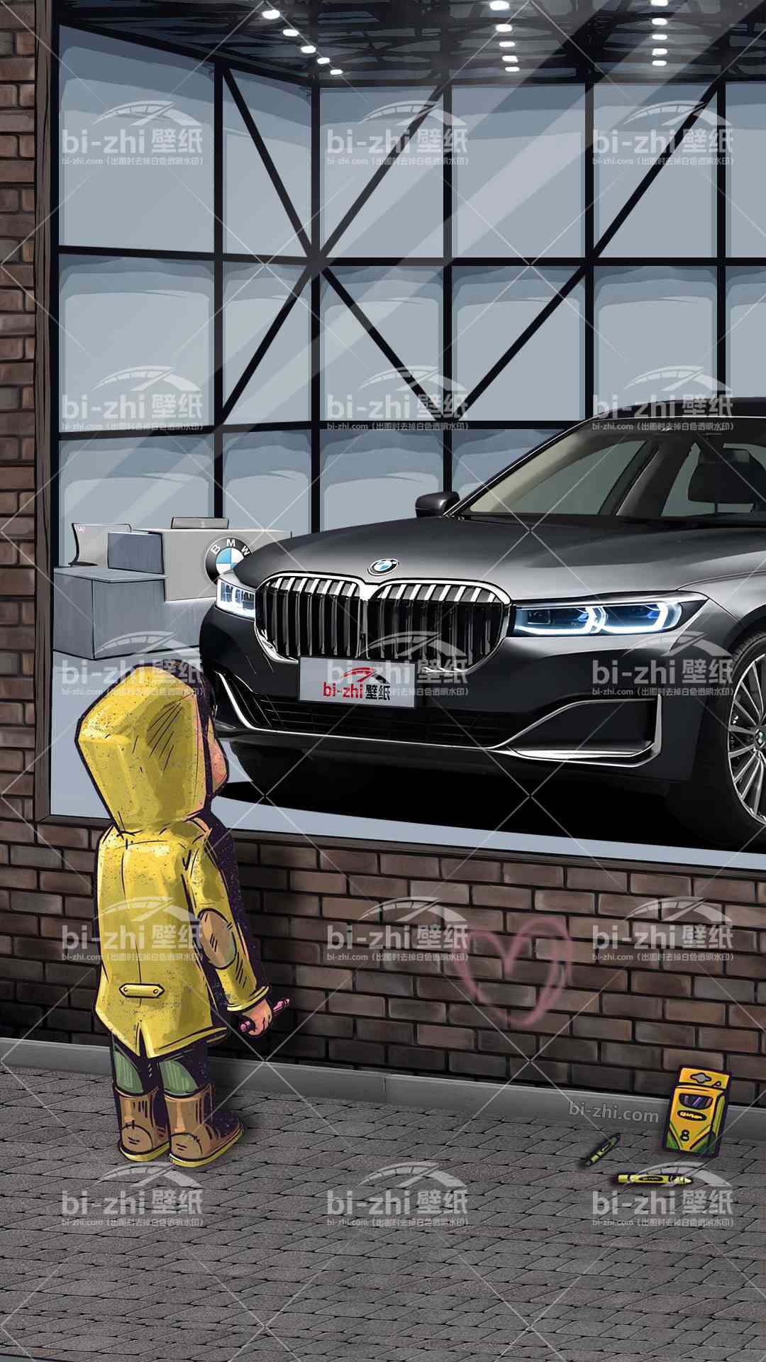 宝马7系橱窗男孩看车男孩汽车壁纸