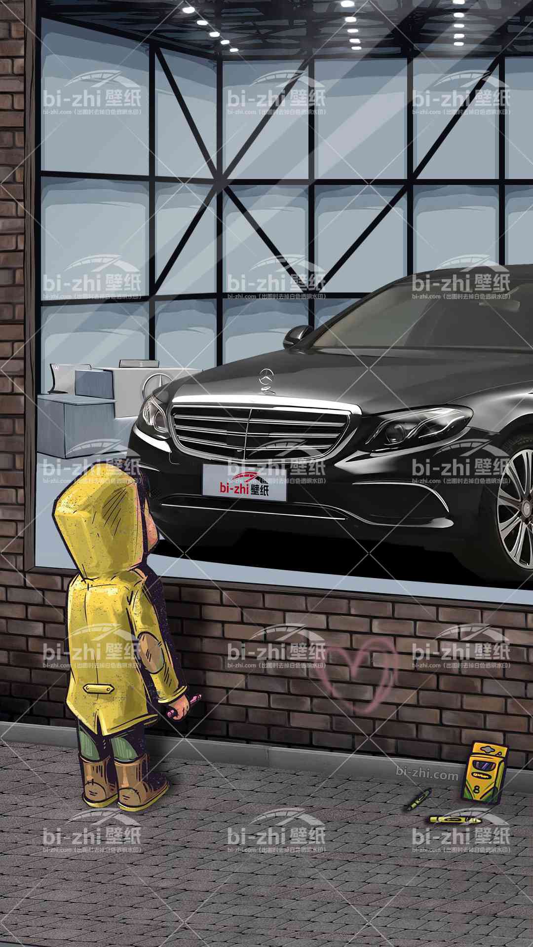 奔驰E级橱窗男孩看车男孩汽车壁纸