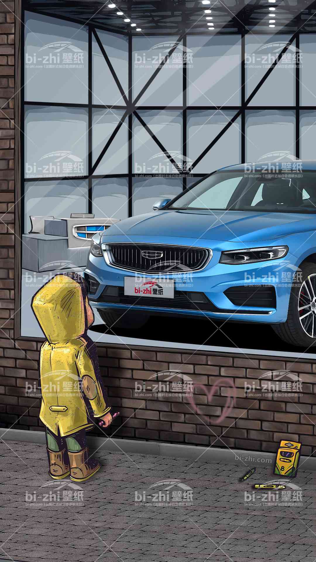 吉利星瑞橱窗男孩看车男孩汽车壁纸