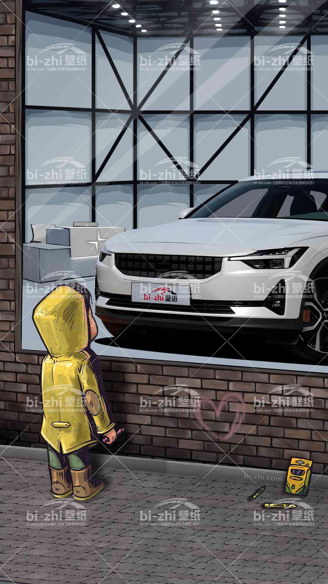 极星Polestar2橱窗男孩看车男孩汽车壁纸