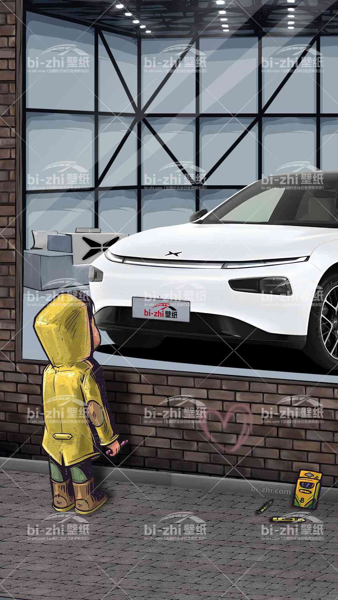 小鹏P7橱窗男孩看车男孩汽车壁纸